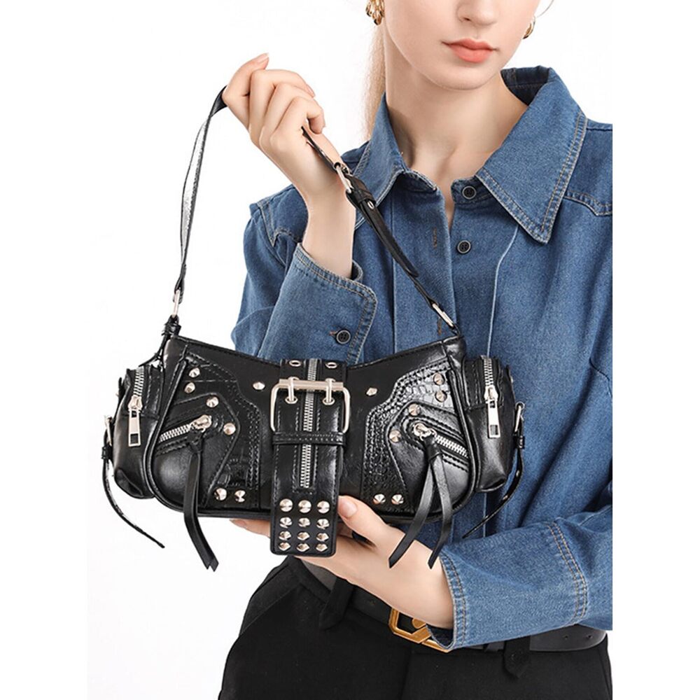 2935 Retro PU Leather Underarm Bags Y2k Buckle Shoulder Bag Punk Handbag - Picture 3 of 7